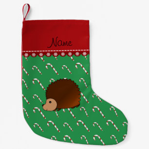 Personalised name hedgehog green candy canes small christmas stocking