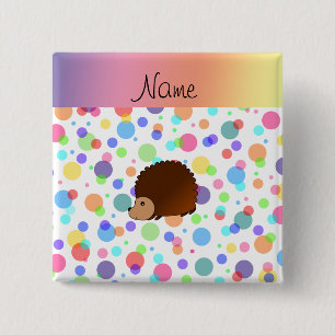 Personalised name hedgehog rainbow polkadots 15 cm square badge