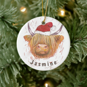 Personalised Name Highland Cow with Christmas Hat Ceramic Tree Decoration