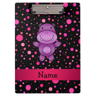Personalised name hippo black pink polka dots clipboard