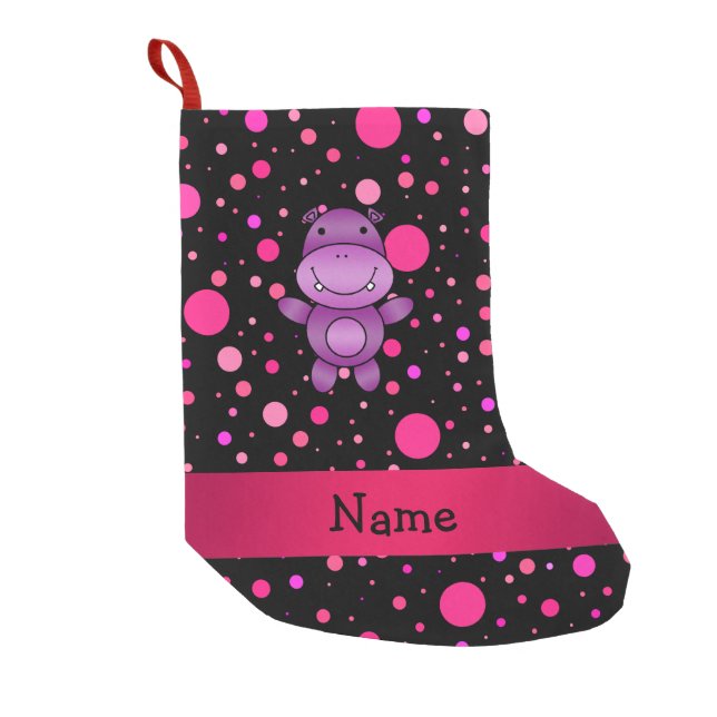 Personalised name hippo black pink polka dots small christmas stocking (Front)