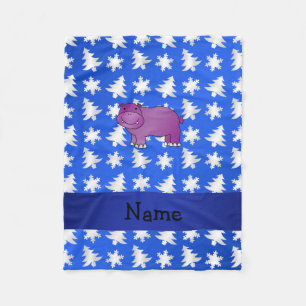 Personalised name hippo blue snowflakes trees fleece blanket