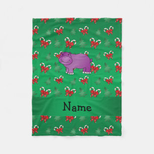 Personalised name hippo green candy canes bows fleece blanket