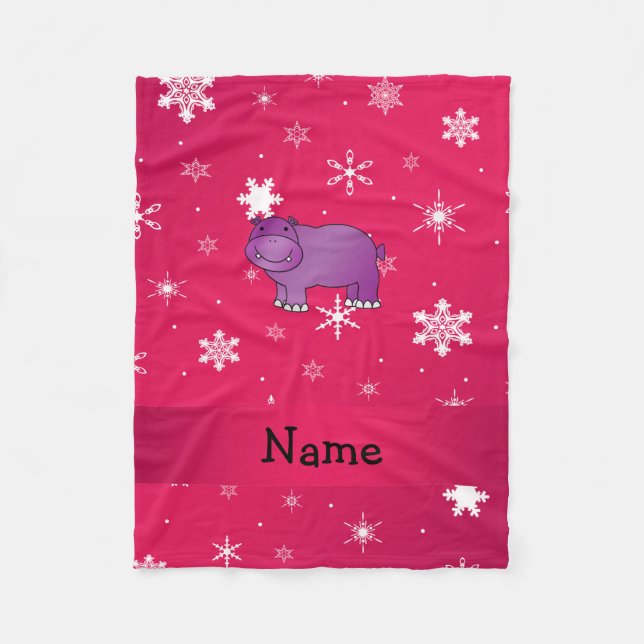 Personalised name hippo pink snowflakes fleece blanket (Front)