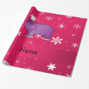 Personalised name hippo pink snowflakes wrapping paper