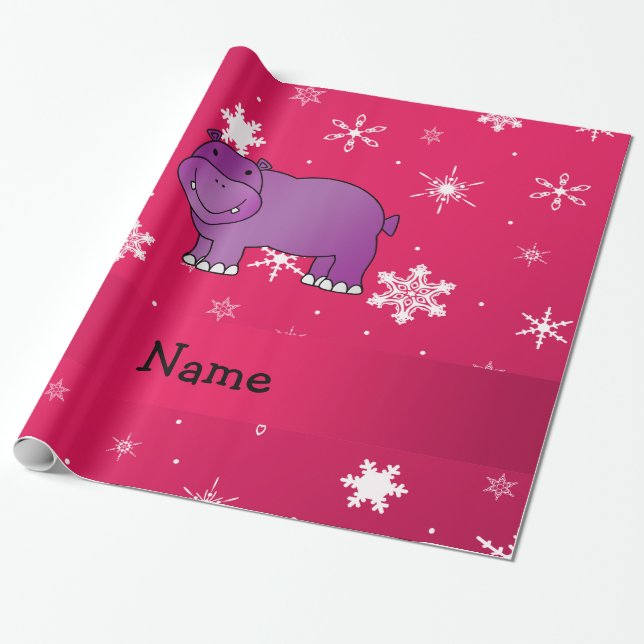 Personalised name hippo pink snowflakes wrapping paper (Unrolled)