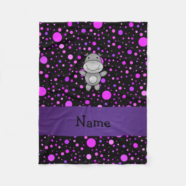 Personalised name hippo purple polka dots fleece blanket (Front)