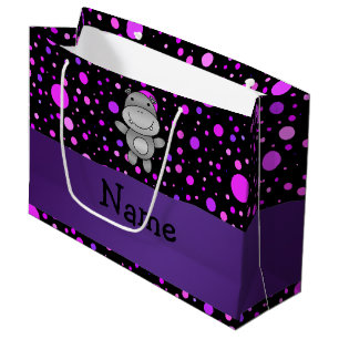Personalised name hippo purple polka dots large gift bag
