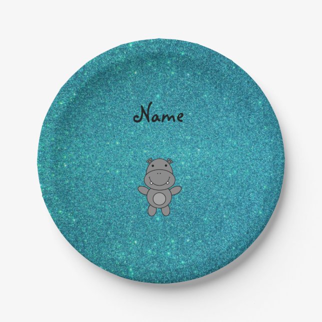 Personalised name hippo turquoise glitter paper plate (Front)