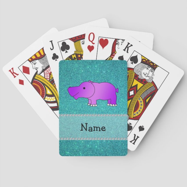 Personalised name hippo turquoise glitter playing cards (Back)
