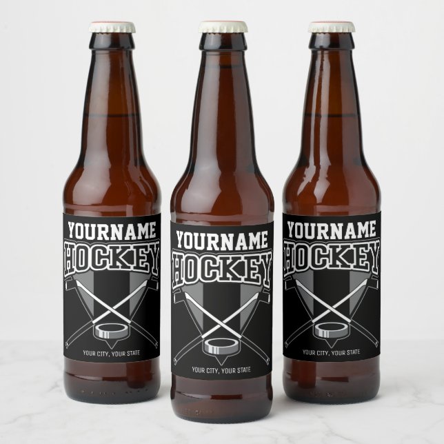 Personalised NAME Hockey Player Stick Puck Team   Beer Bottle Label (Bottles)