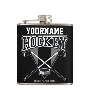 Personalised NAME Hockey Player Stick Puck Team Hip Flask