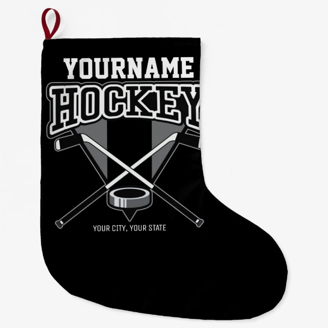 Personalised NAME Hockey Player Stick Puck Team Large Christmas Stocking (Front)