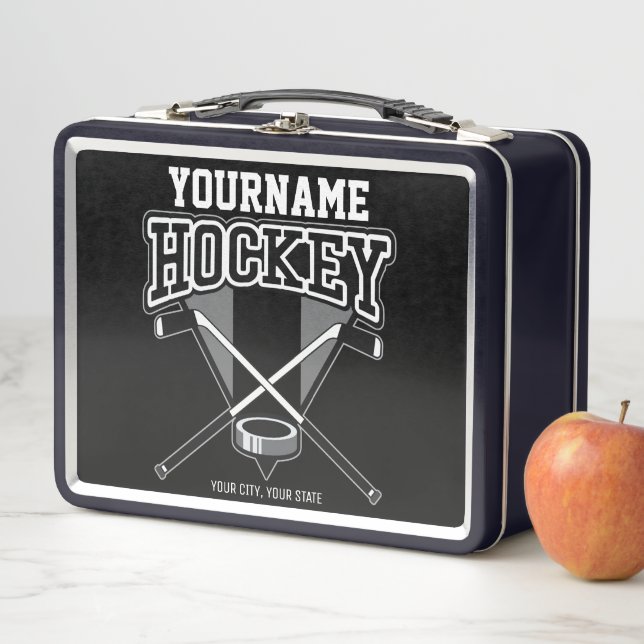 Personalised NAME Hockey Player Stick Puck Team   Metal Lunch Box (In Situ)