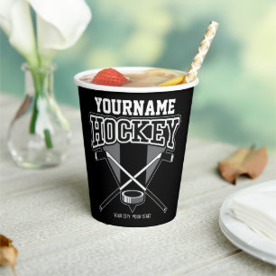 Personalised NAME Hockey Player Stick Puck Team   Paper Cups