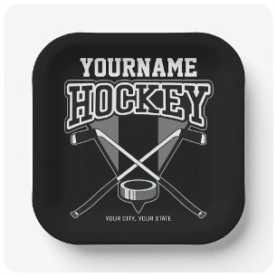 Personalised NAME Hockey Player Stick Puck Team   Paper Plate