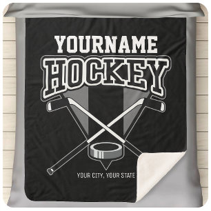 Personalised NAME Hockey Player Stick Puck Team  Sherpa Blanket