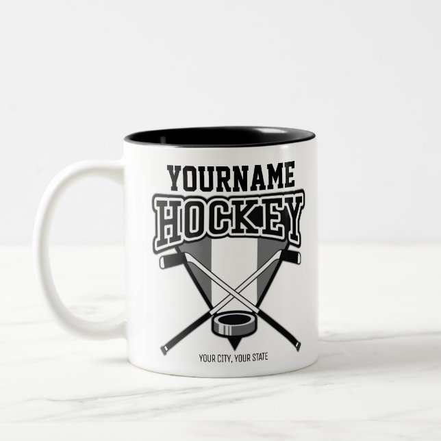 Personalised NAME Hockey Player Stick Puck Team   Two-Tone Coffee Mug (Left)