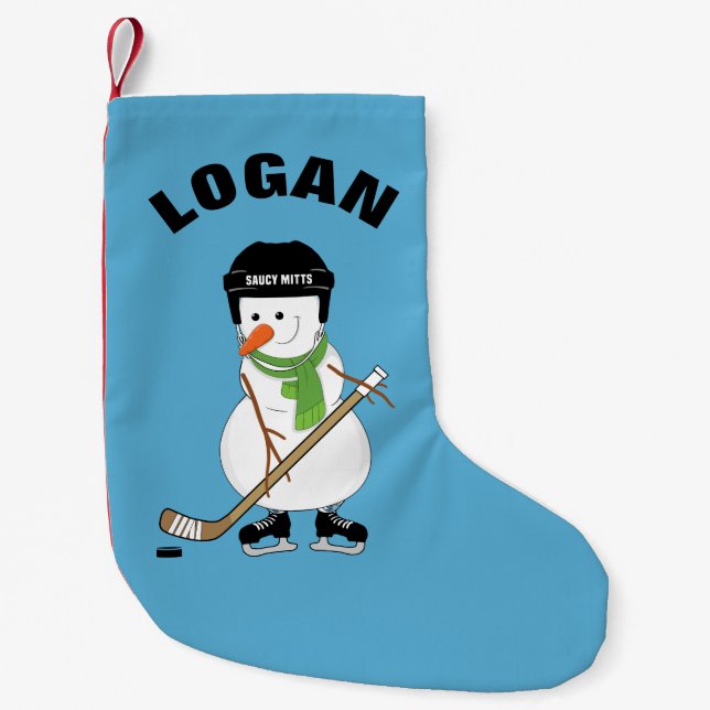 Personalised Name Hockey Snowman Christmas Small Christmas Stocking (Front)