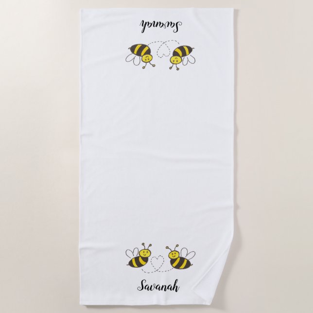 Personalised Name Honey Bees with Heart Bumblebees Beach Towel (Front)