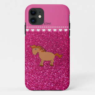 Personalised name horse neon hot pink glitter iPhone 11 case