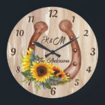 Personalised name horseshoe with sunflowers wood large clock<br><div class="desc">Personalised name watercolor wood horseshoe with sunflowers wall clock. A lovely personalised gift for a couple,  for family,  house warming or other occasion.</div>