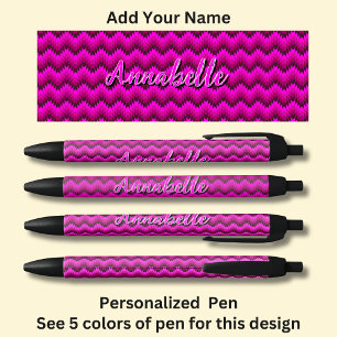 Personalised Name, Hot Pink Chevron Zig Zag Black Ink Pen