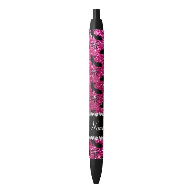Personalised name hot pink glitter fancy shoes bow black ink pen (Front Vertical)