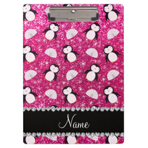 Personalised name hot pink glitter penguins igloos clipboard