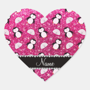 Personalised name hot pink glitter penguins igloos heart sticker