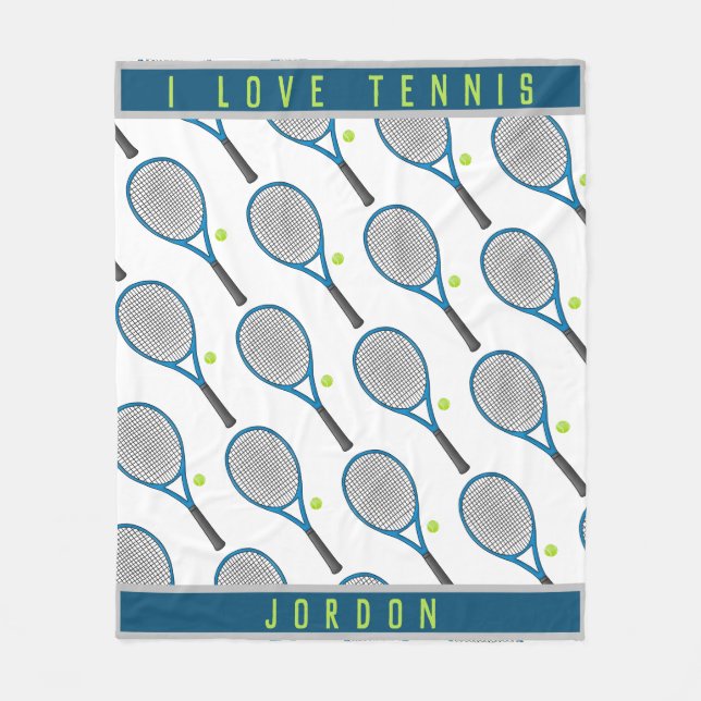 Personalised Name I love tennis racket and ball Fleece Blanket (Front)