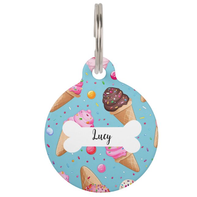 Personalised Name Ice Cream Pattern Round Pet Tag (Front)