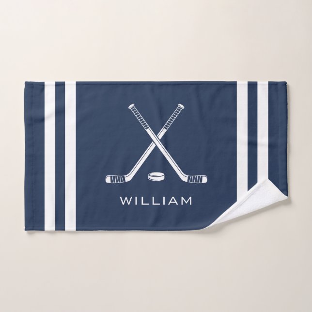 Personalised Name Ice Hockey Navy Blue Stripes Hand Towel (Hand Towel)