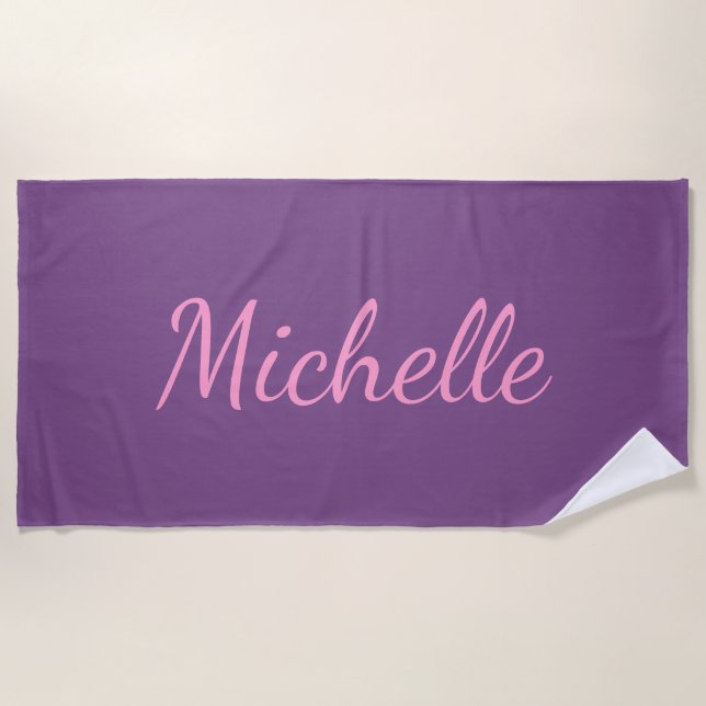 Personalised Name in Pink Script on Purple Beach Towel (Front)