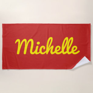 Personalised Name in Yellow Script on Red Beach Towel