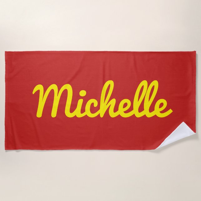Personalised Name in Yellow Script on Red Beach Towel (Front)