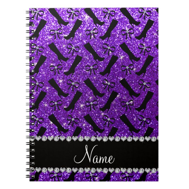 Personalised name indigo purple glitter boots bows notebook (Front)