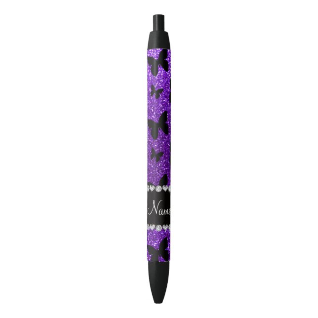 Personalised name indigo purple glitter butterfly black ink pen (Front Vertical)