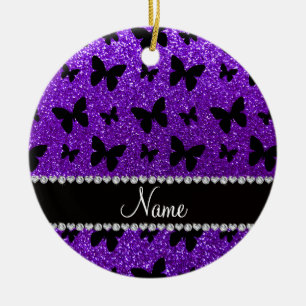Personalised name indigo purple glitter butterfly ceramic tree decoration