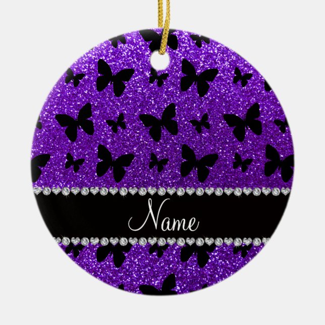 Personalised name indigo purple glitter butterfly ceramic tree decoration (Front)