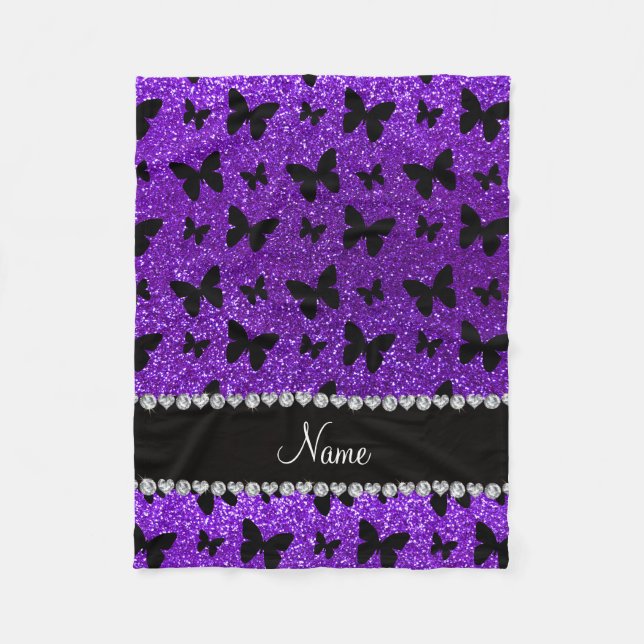 Personalised name indigo purple glitter butterfly fleece blanket (Front)