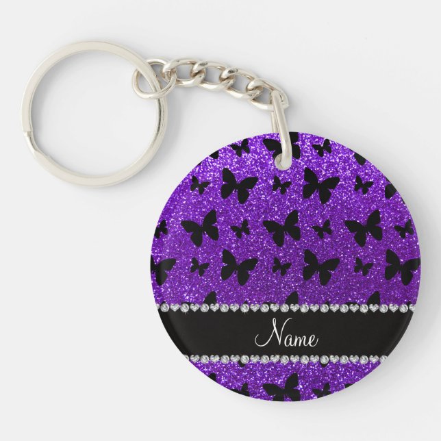 Personalised name indigo purple glitter butterfly key ring (Front)