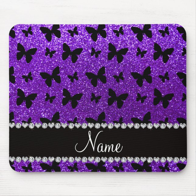 Personalised name indigo purple glitter butterfly mouse mat (Front)