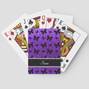 Personalised name indigo purple glitter butterfly playing cards