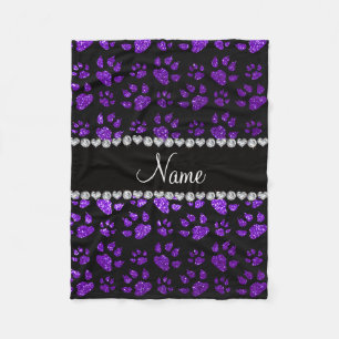Personalised name indigo purple glitter cat paws fleece blanket