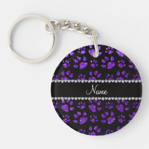 Personalised name indigo purple glitter cat paws key ring