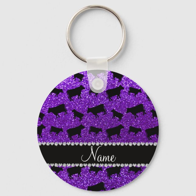 Personalised name indigo purple glitter cows key ring (Front)
