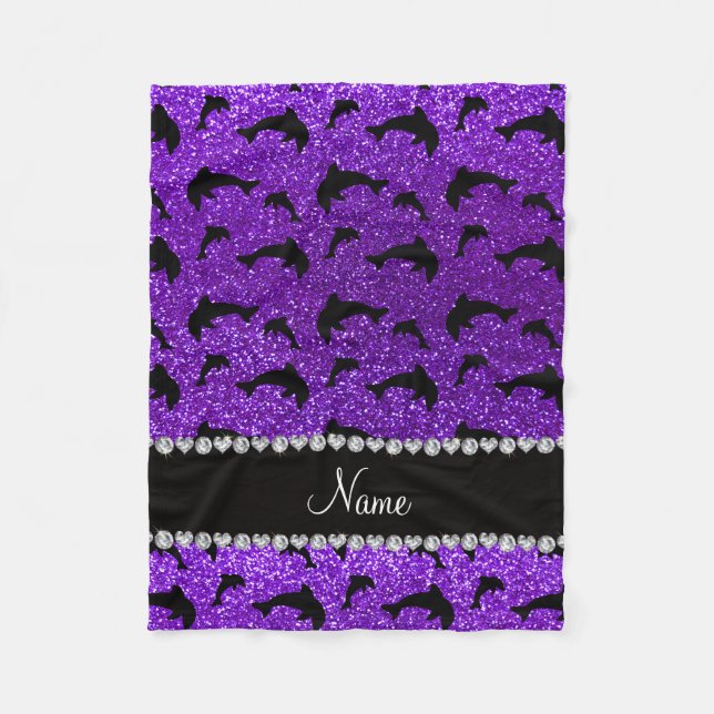 Personalised name indigo purple glitter dolphins fleece blanket (Front)