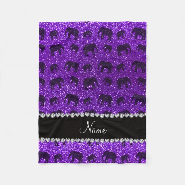 Personalised name indigo purple glitter elephants fleece blanket (Front)