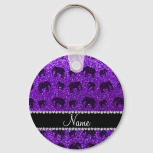 Personalised name indigo purple glitter elephants key ring